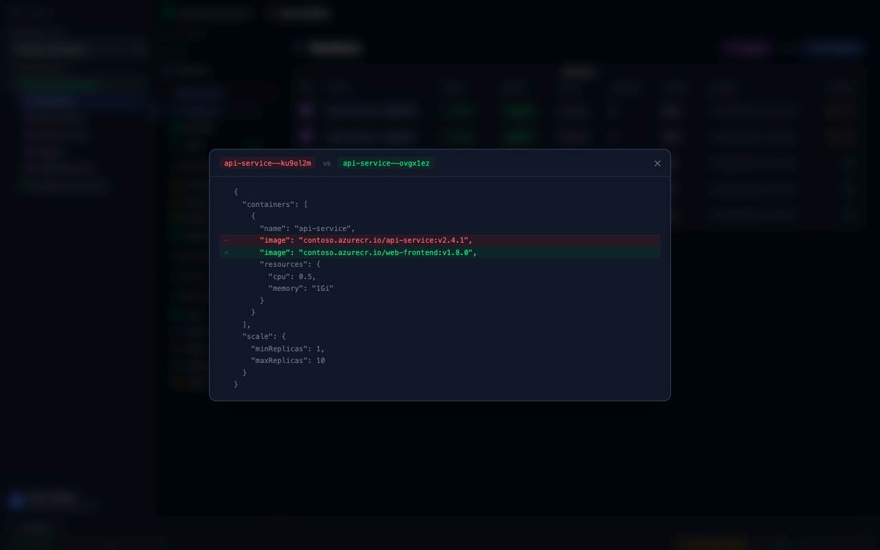 AcaLens — Side-by-side revision diff showing configuration changes between two revisions