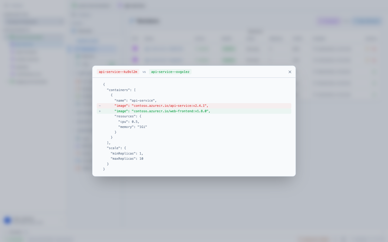 AcaLens — Side-by-side revision diff showing configuration changes between two revisions