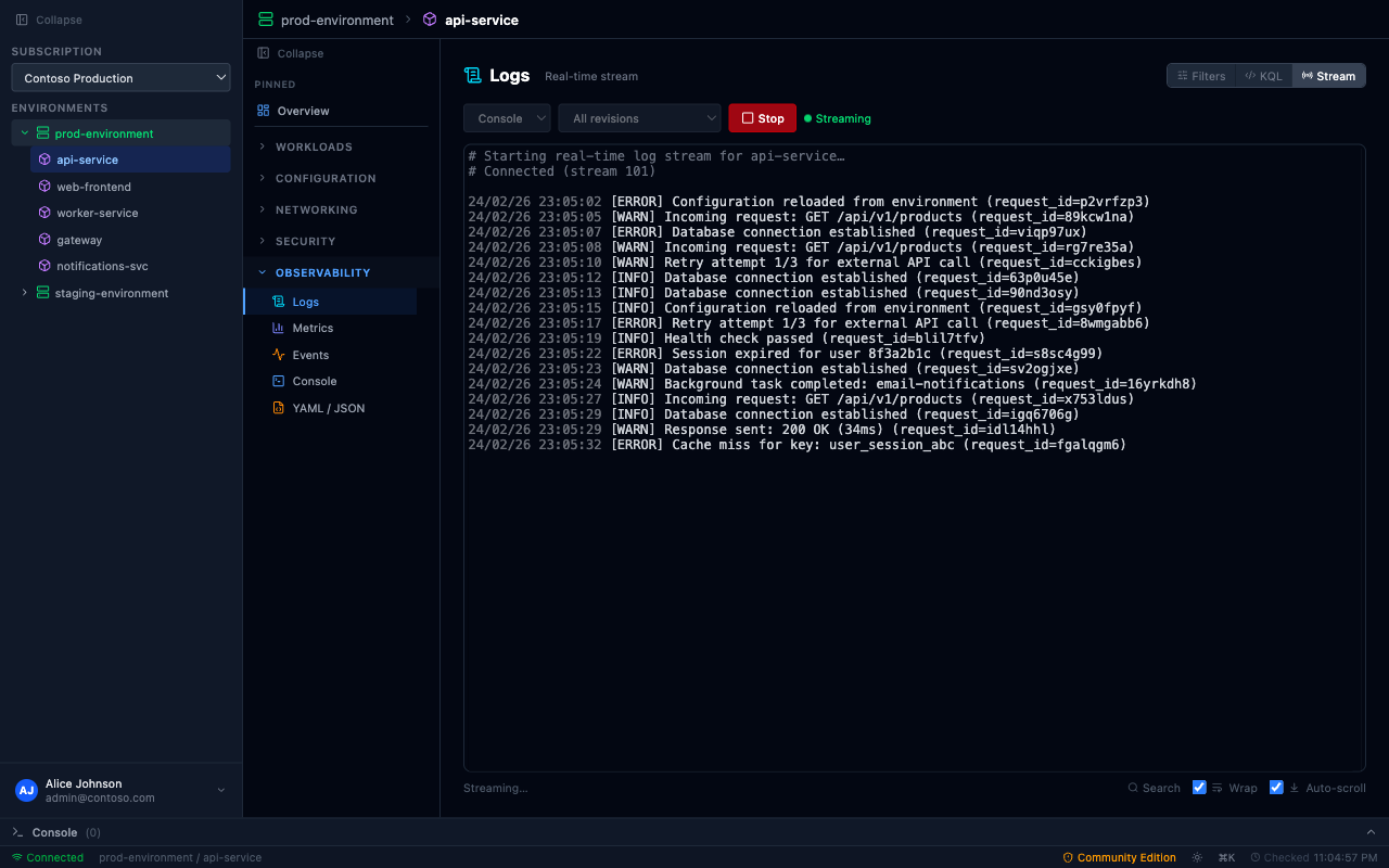 AcaLens — Log Analytics view with real-time log entries, filter controls, and KQL query support