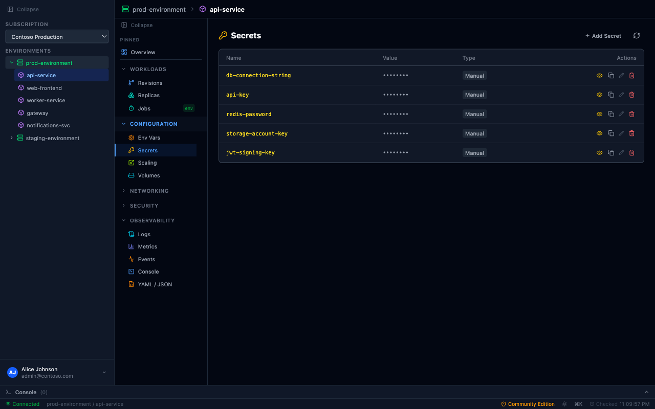 AcaLens — Secrets management panel with reveal and copy capabilities
