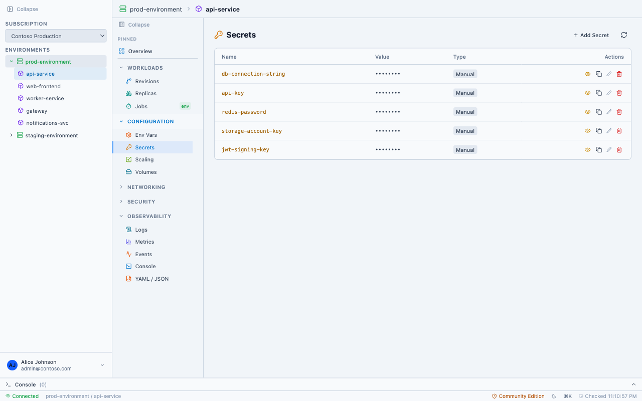 AcaLens — Secrets management panel with reveal and copy capabilities