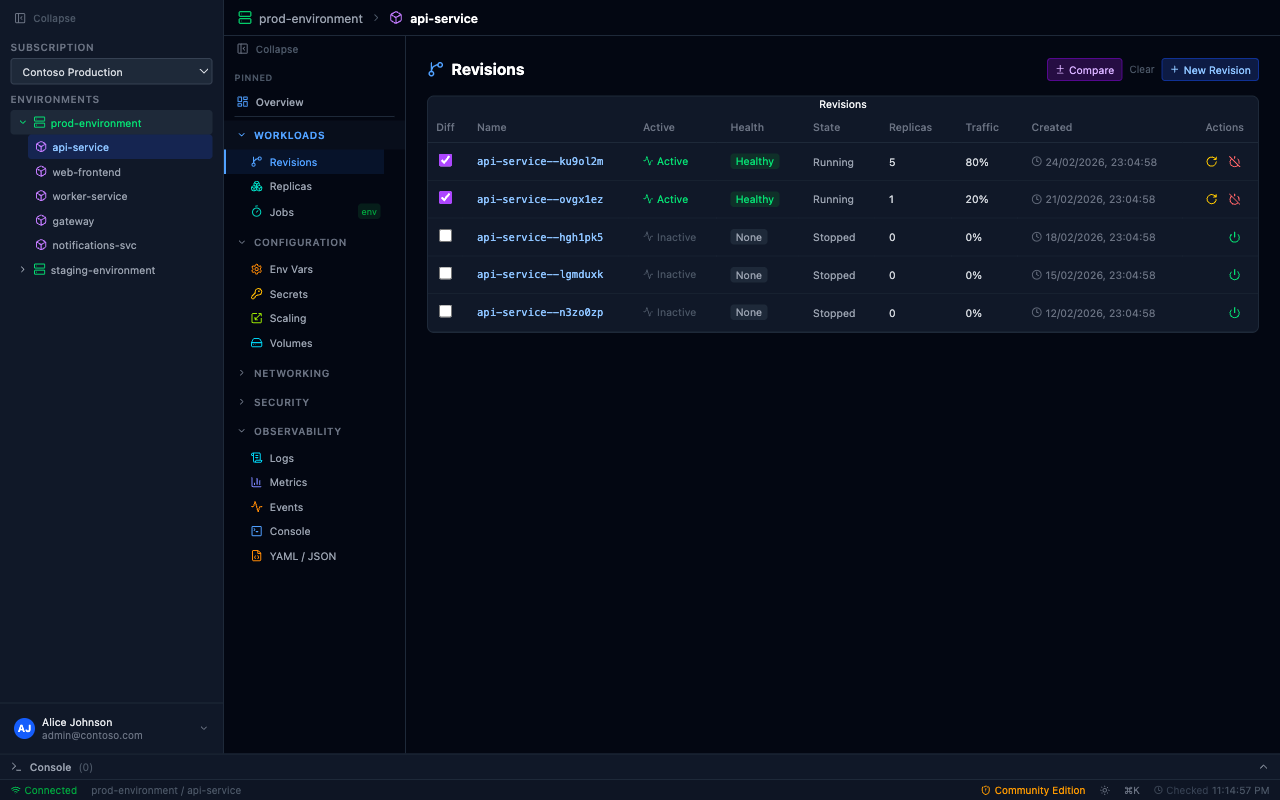 AcaLens — Sidebar tree with pinned apps, multiple environments, and tenant selector